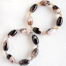 Load image into Gallery viewer, Wednesday Addams (Black Flower Agate Barrel) Bracelet
