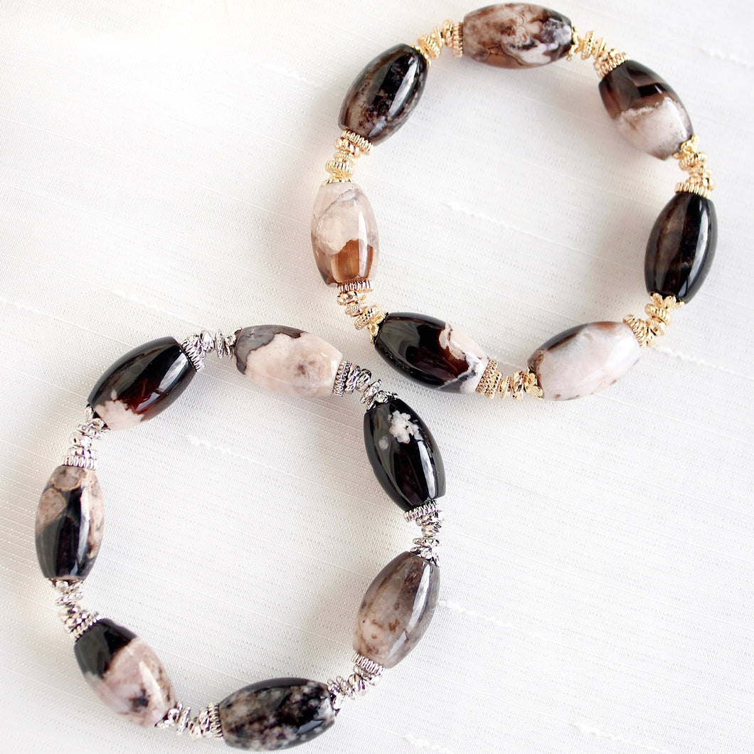 Wednesday Addams (Black Flower Agate Barrel) Bracelet