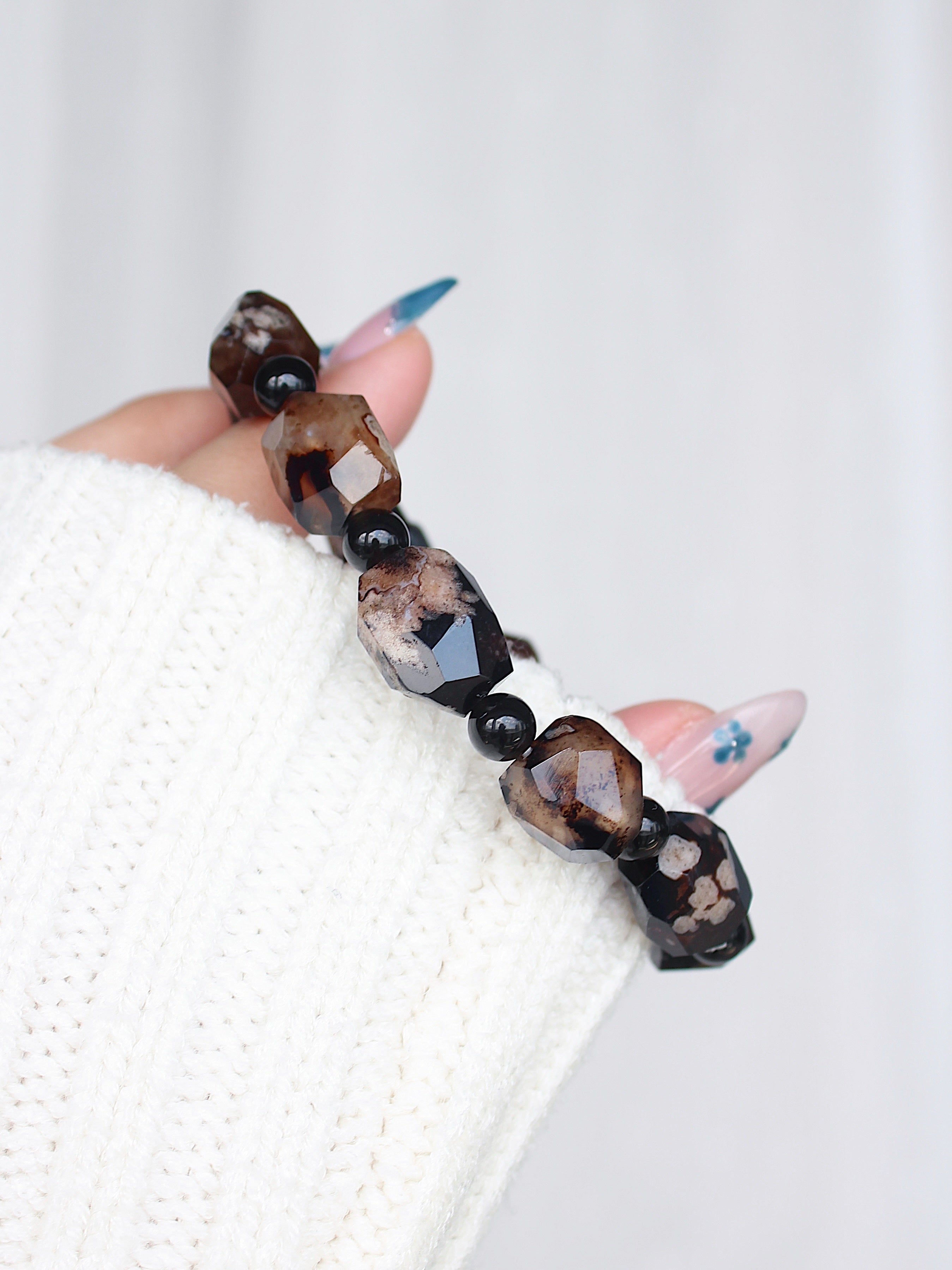 Black Flower Agate Freeform Bracelet