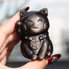 Load image into Gallery viewer, Silver Obsidian Fortune Cat

